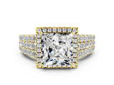 Yellow gold Princess Cut Halo Pavé Diamond Engagement Ring with Split Shank and Four-Prong Setting