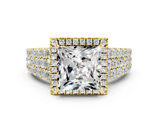 Yellow gold Princess Cut Moissanite Halo Engagement Ring with Triple Row Round Pavé Band and Prong Setting