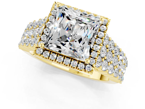 Yellow gold Princess Cut Moissanite Halo Engagement Ring with Triple Row Round Pavé Band and Prong Setting