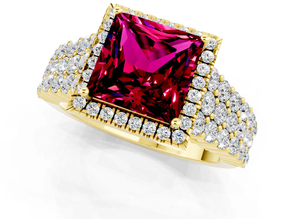 Yellow gold Princess Cut Garnet Halo Engagement Ring with Triple Row Round Pavé Band and Prong Setting