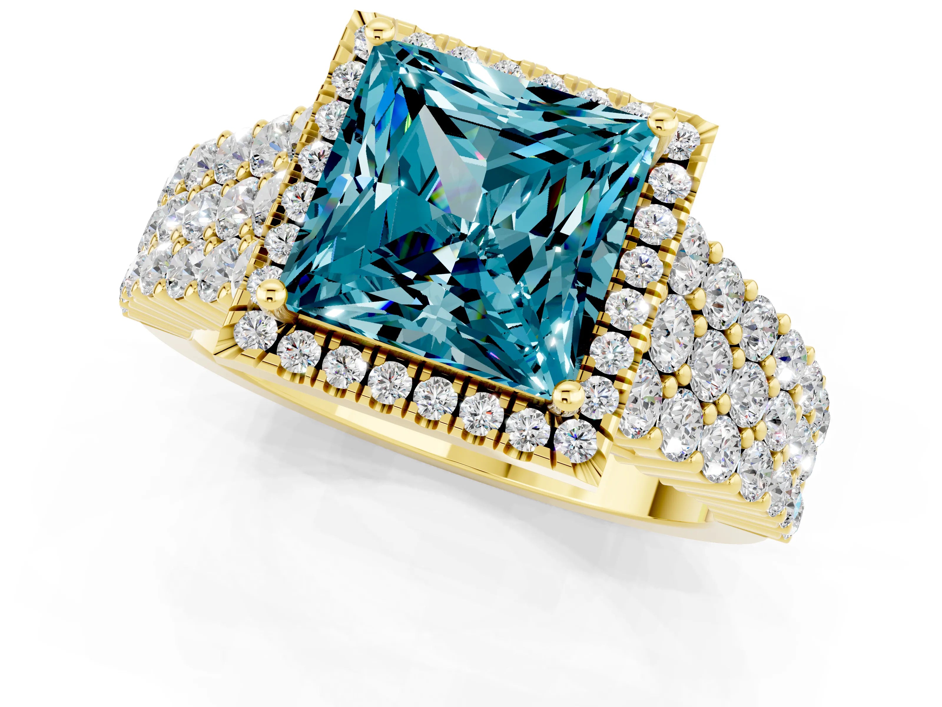 Yellow gold Princess Cut Halo Pavé Diamond Engagement Ring with Split Shank and Four-Prong Setting_1