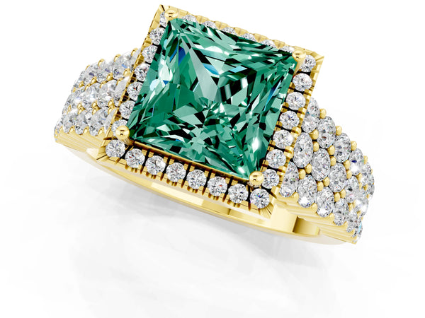 Yellow gold Princess Cut Green Sapphire Halo Engagement Ring with Triple Row Round Pavé Band and Prong Setting