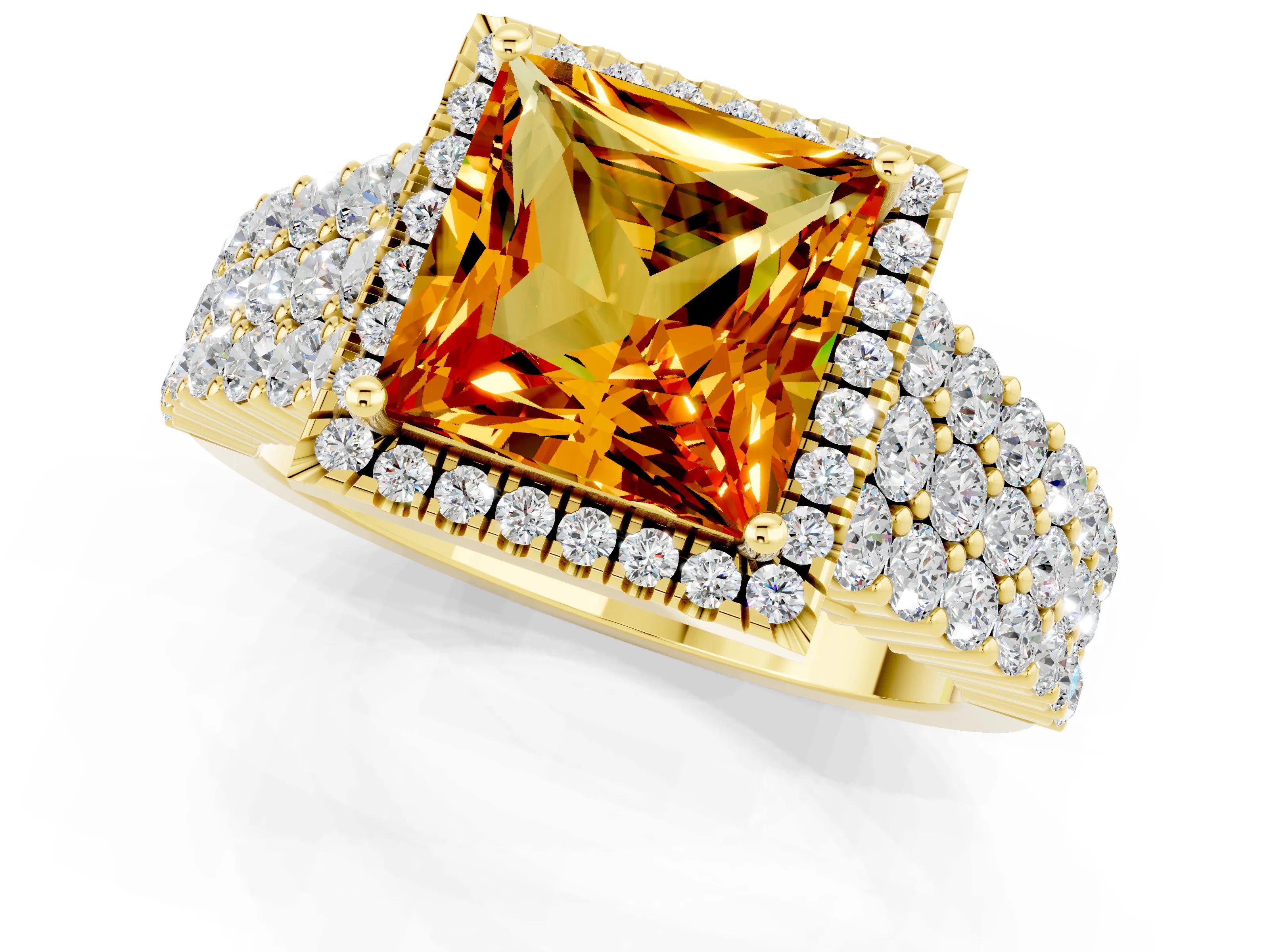 Yellow gold Princess Cut Halo Pavé Diamond Engagement Ring with Split Shank and Four-Prong Setting_1