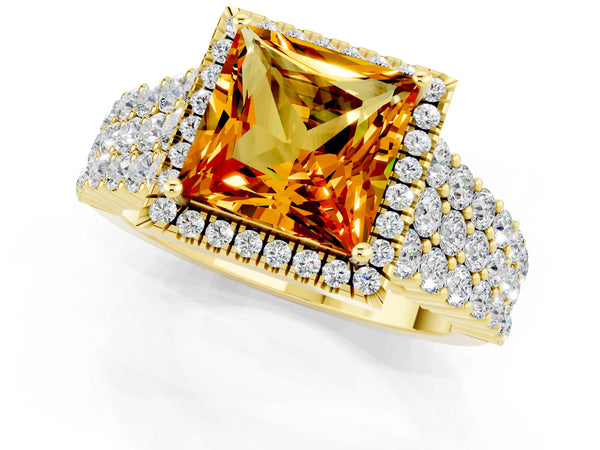 Yellow gold Princess Cut Citrine Halo Engagement Ring with Triple Row Round Pavé Band and Prong Setting