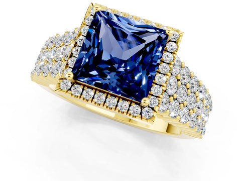 Yellow gold Princess Cut Halo Pavé Diamond Engagement Ring with Split Shank and Four-Prong Setting_1