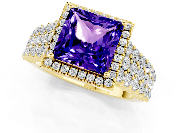 Yellow gold Princess Cut Tanzanite Halo Engagement Ring with Triple Row Round Pavé Band and Prong Setting