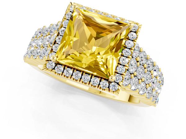 Yellow gold Princess Cut Yellow Sapphire Halo Engagement Ring with Triple Row Round Pavé Band and Prong Setting