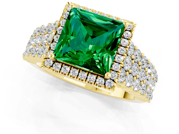 Yellow gold Princess Cut Emerald Halo Engagement Ring with Triple Row Round Pavé Band and Prong Setting