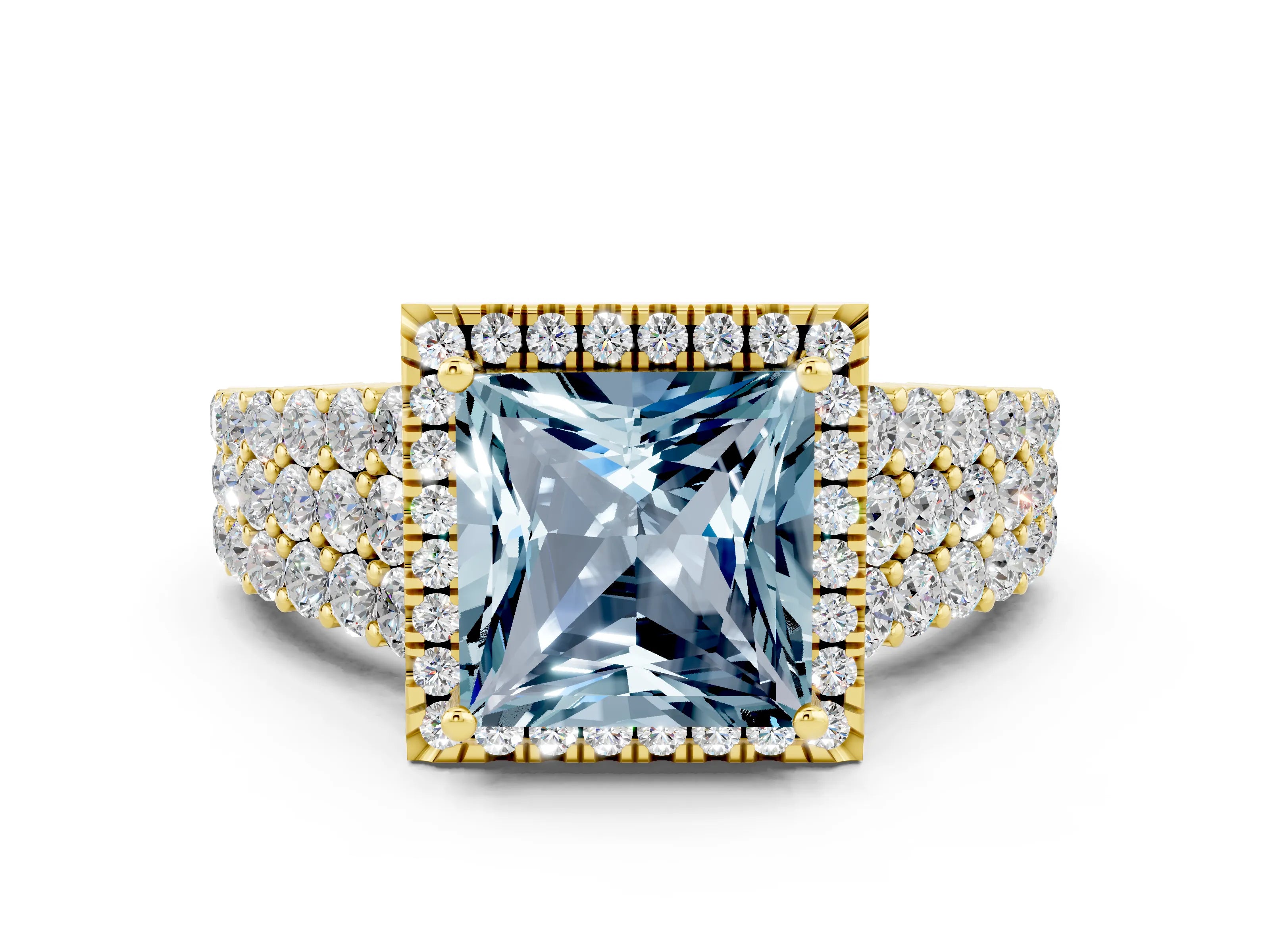 Yellow gold Princess Cut Halo Pavé Diamond Engagement Ring with Split Shank and Four-Prong Setting