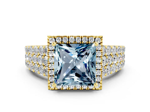 Yellow gold Princess Cut Halo Pavé Diamond Engagement Ring with Split Shank and Four-Prong Setting