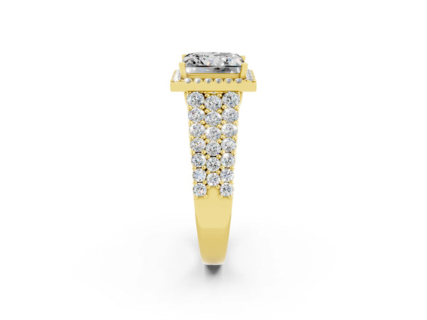 Yellow gold Princess Cut Moissanite Halo Engagement Ring with Triple Row Round Pavé Band and Prong Setting