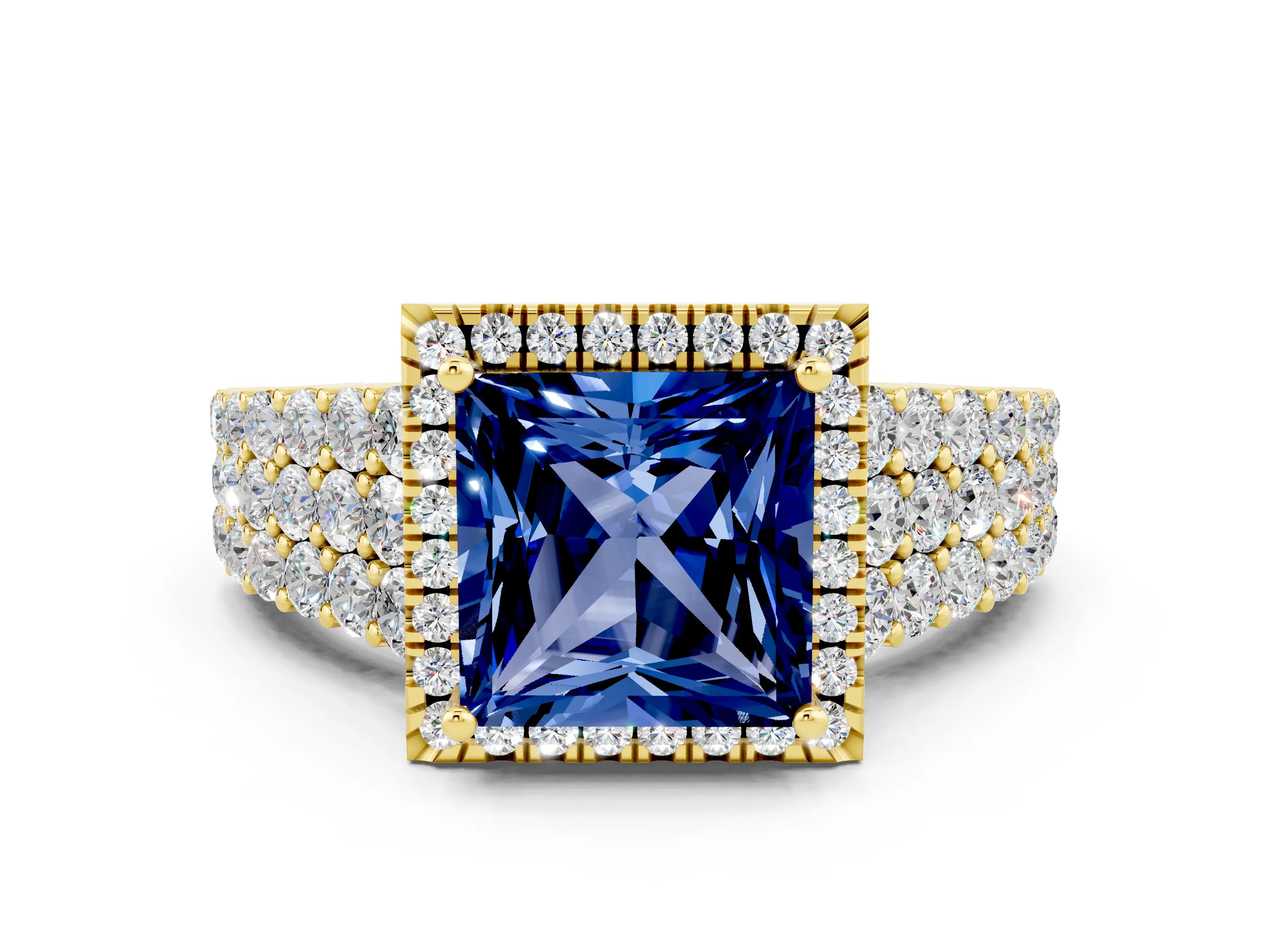 Yellow gold Princess Cut Halo Pavé Diamond Engagement Ring with Split Shank and Four-Prong Setting