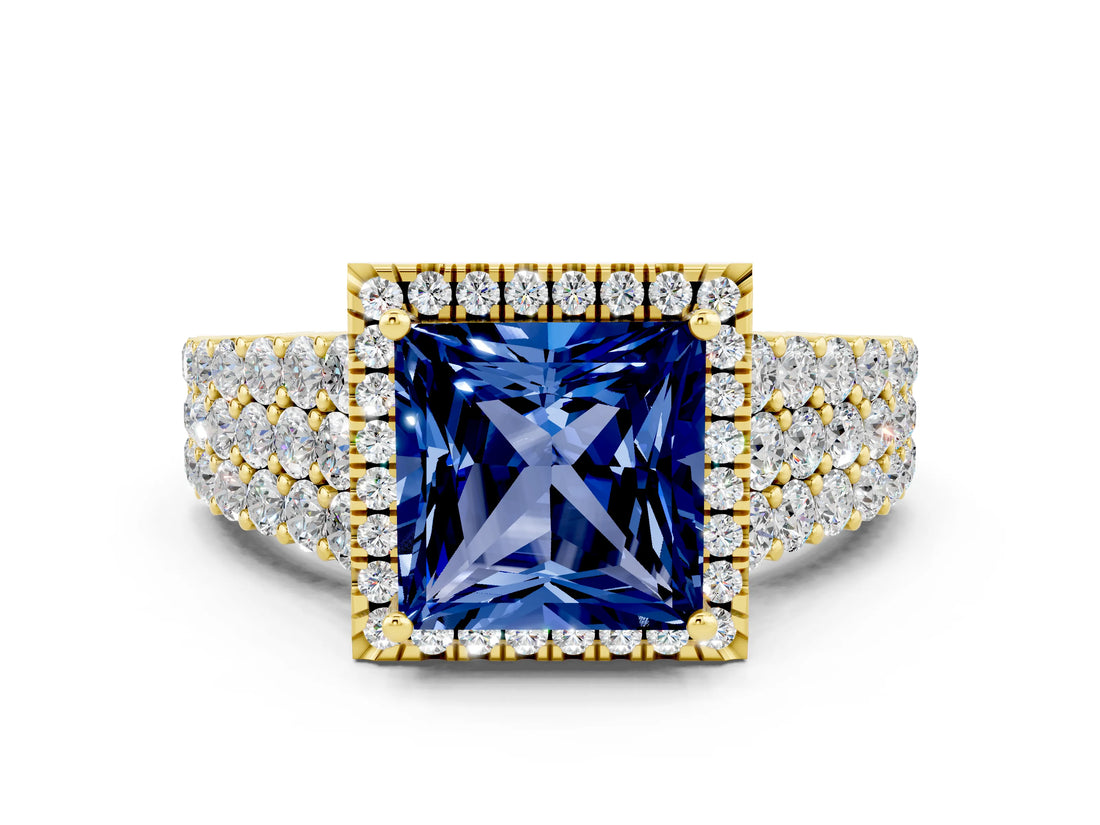 Yellow gold Princess Cut Halo Pavé Diamond Engagement Ring with Split Shank and Four-Prong Setting