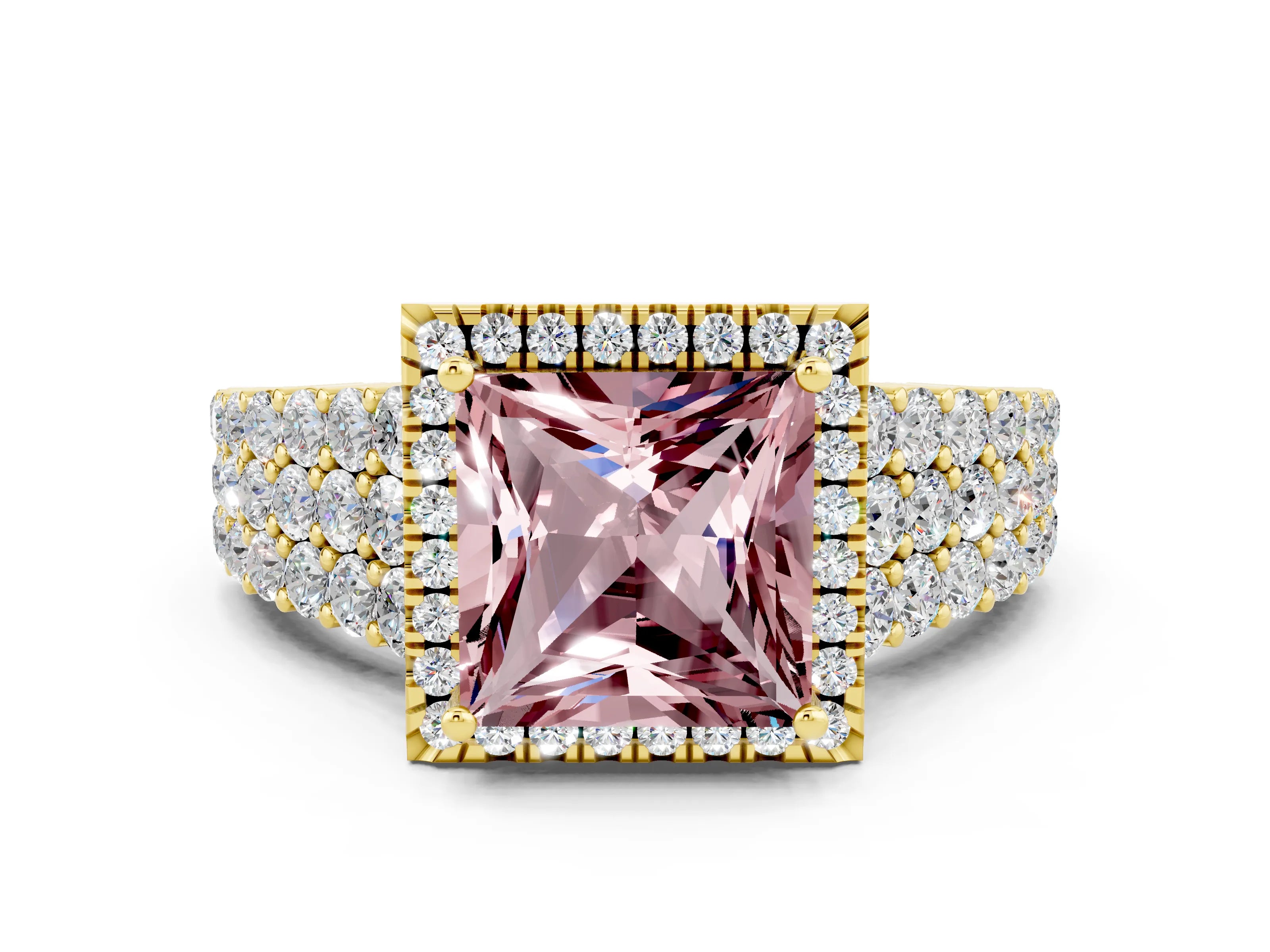 Yellow gold Princess Cut Halo Pavé Diamond Engagement Ring with Split Shank and Four-Prong Setting
