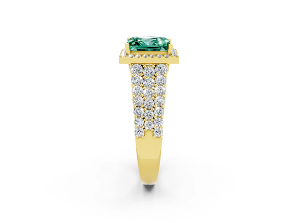 Yellow gold Princess Cut Green Sapphire Halo Engagement Ring with Triple Row Round Pavé Band and Prong Setting