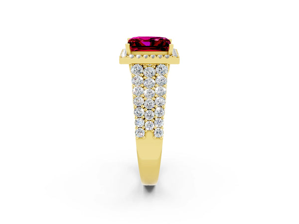 Yellow gold Princess Cut Garnet Halo Engagement Ring with Triple Row Round Pavé Band and Prong Setting