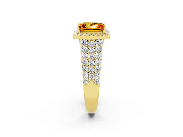 Yellow gold Princess Cut Citrine Halo Engagement Ring with Triple Row Round Pavé Band and Prong Setting