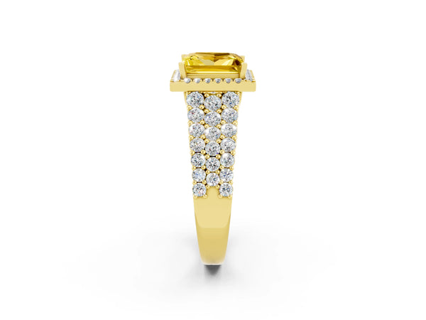 Yellow gold Princess Cut Yellow Sapphire Halo Engagement Ring with Triple Row Round Pavé Band and Prong Setting