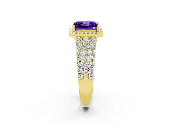 Yellow gold Princess Cut Tanzanite Halo Engagement Ring with Triple Row Round Pavé Band and Prong Setting