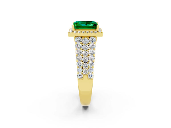 Yellow gold Princess Cut Emerald Halo Engagement Ring with Triple Row Round Pavé Band and Prong Setting