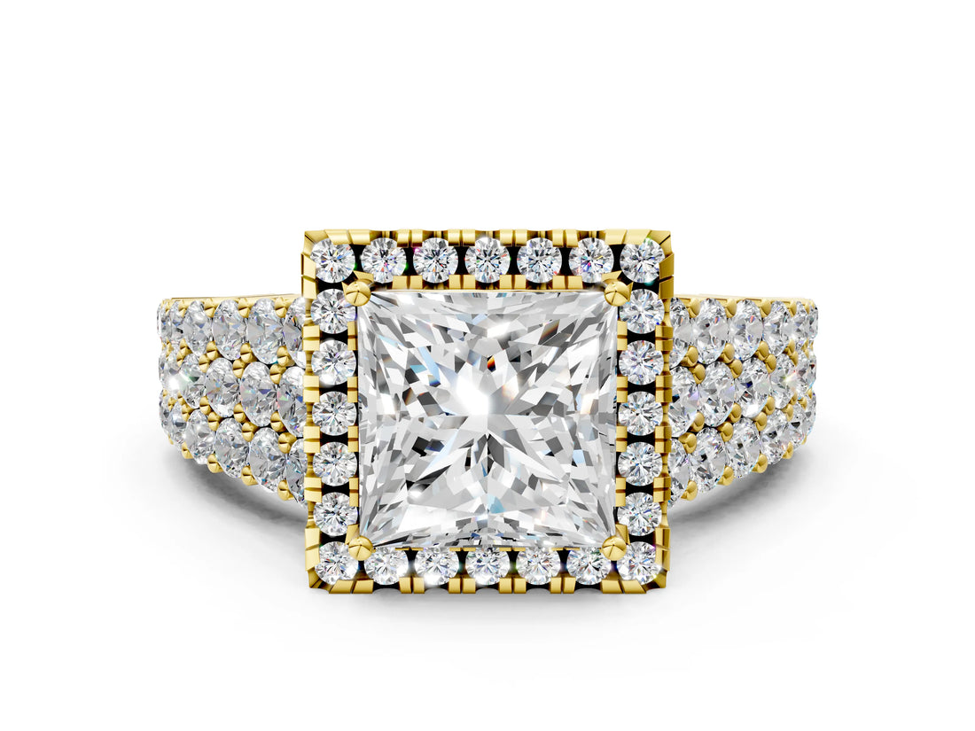 Yellow gold Princess Cut Halo Pavé Diamond Engagement Ring with Split Shank and Four-Prong Setting_3