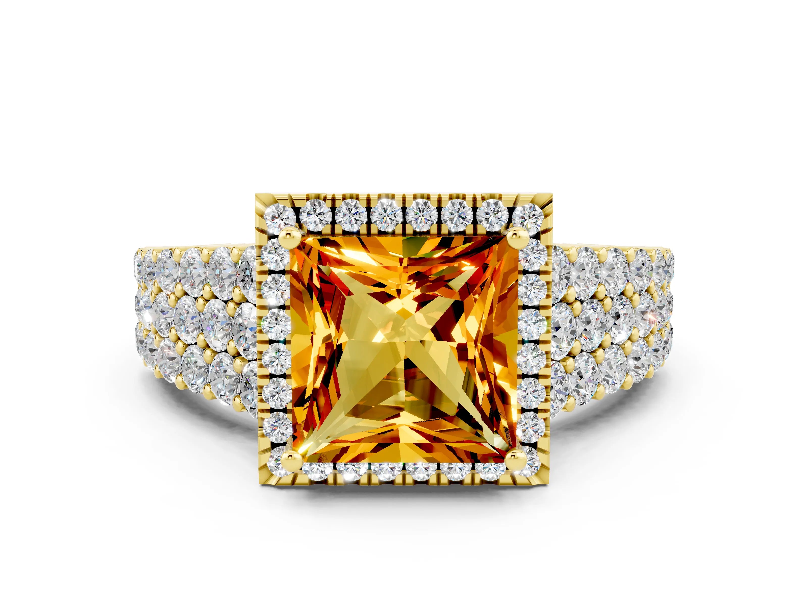 Yellow gold Princess Cut Halo Pavé Diamond Engagement Ring with Split Shank and Four-Prong Setting