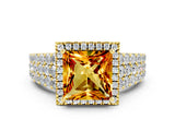 Yellow gold Princess Cut Halo Pavé Diamond Engagement Ring with Split Shank and Four-Prong Setting