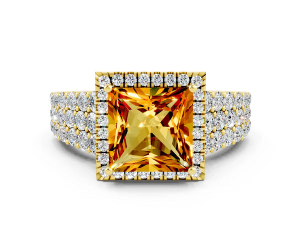 Yellow gold Princess Cut Citrine Halo Engagement Ring with Triple Row Round Pavé Band and Prong Setting
