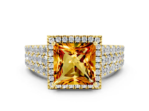 Yellow gold Princess Cut Halo Pavé Diamond Engagement Ring with Split Shank and Four-Prong Setting