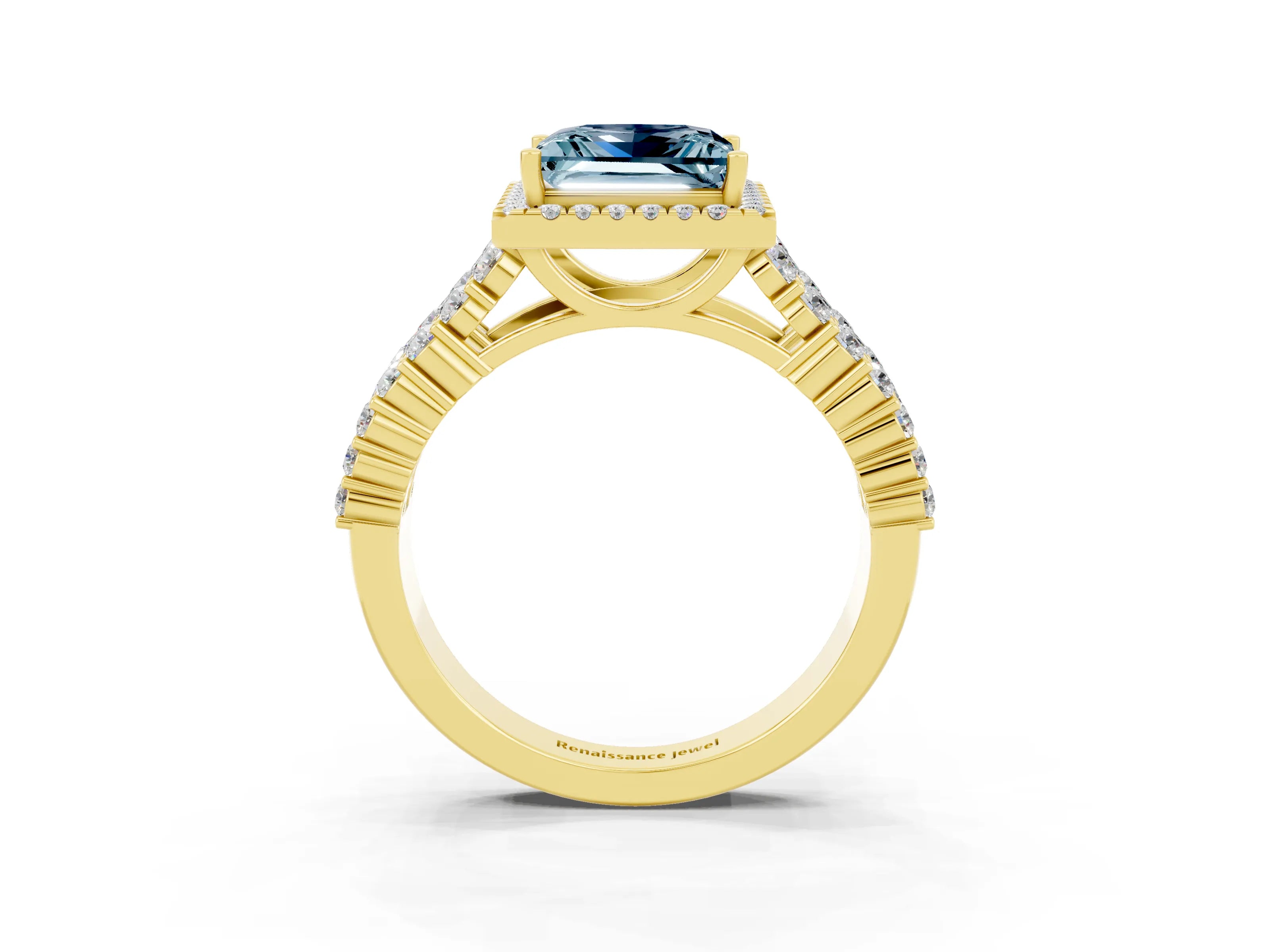 Yellow gold Princess Cut Halo Pavé Diamond Engagement Ring with Split Shank and Four-Prong Setting_3