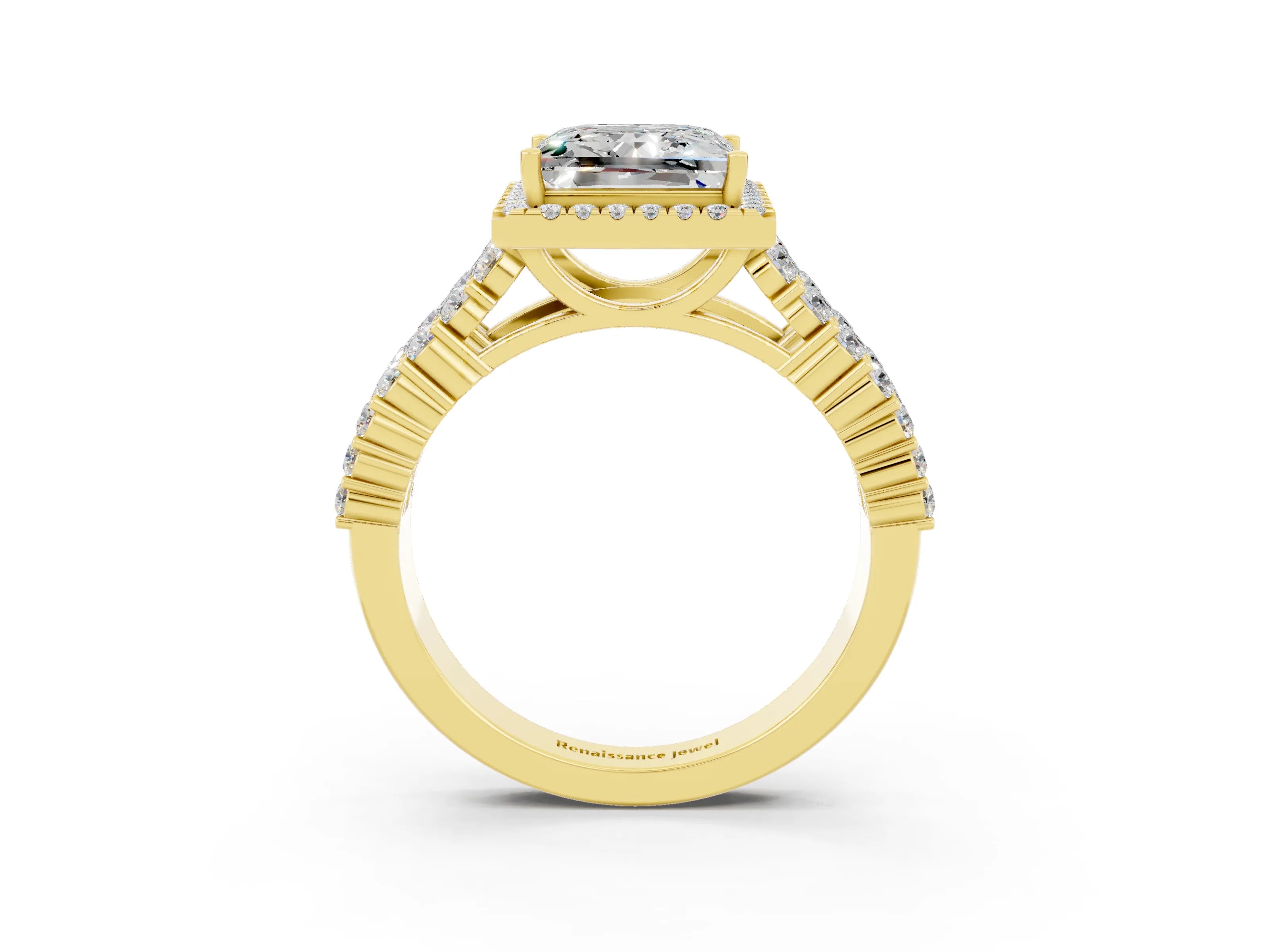 Yellow gold Princess Cut Halo Pavé Diamond Engagement Ring with Split Shank and Four-Prong Setting_3