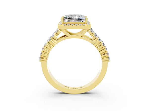 Yellow gold Princess Cut Moissanite Halo Engagement Ring with Triple Row Round Pavé Band and Prong Setting