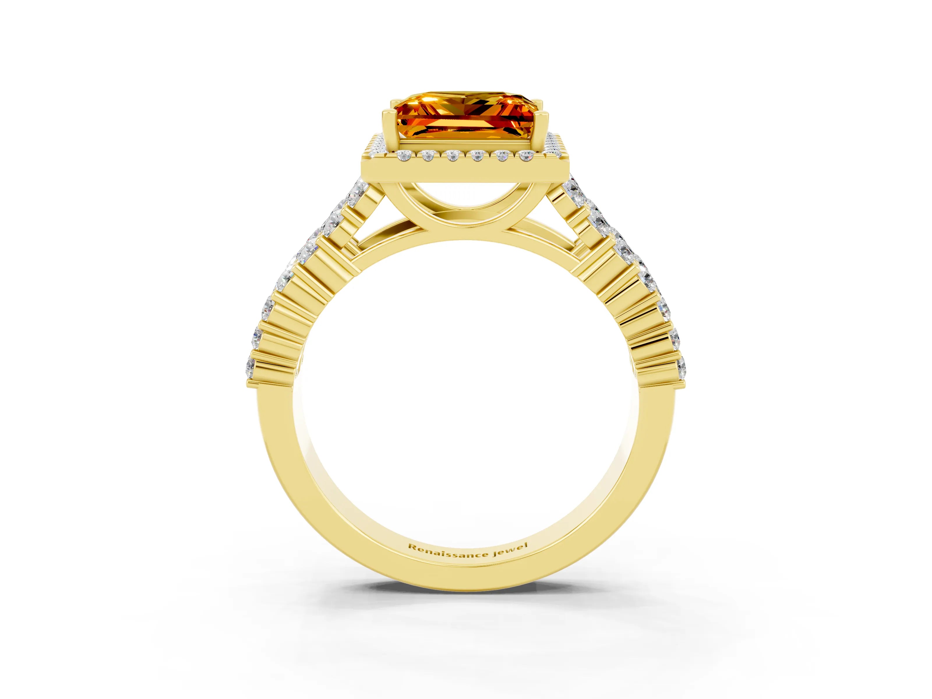 Yellow gold Princess Cut Halo Pavé Diamond Engagement Ring with Split Shank and Four-Prong Setting_3