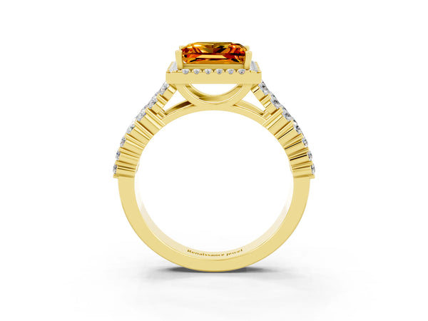 Yellow gold Princess Cut Citrine Halo Engagement Ring with Triple Row Round Pavé Band and Prong Setting
