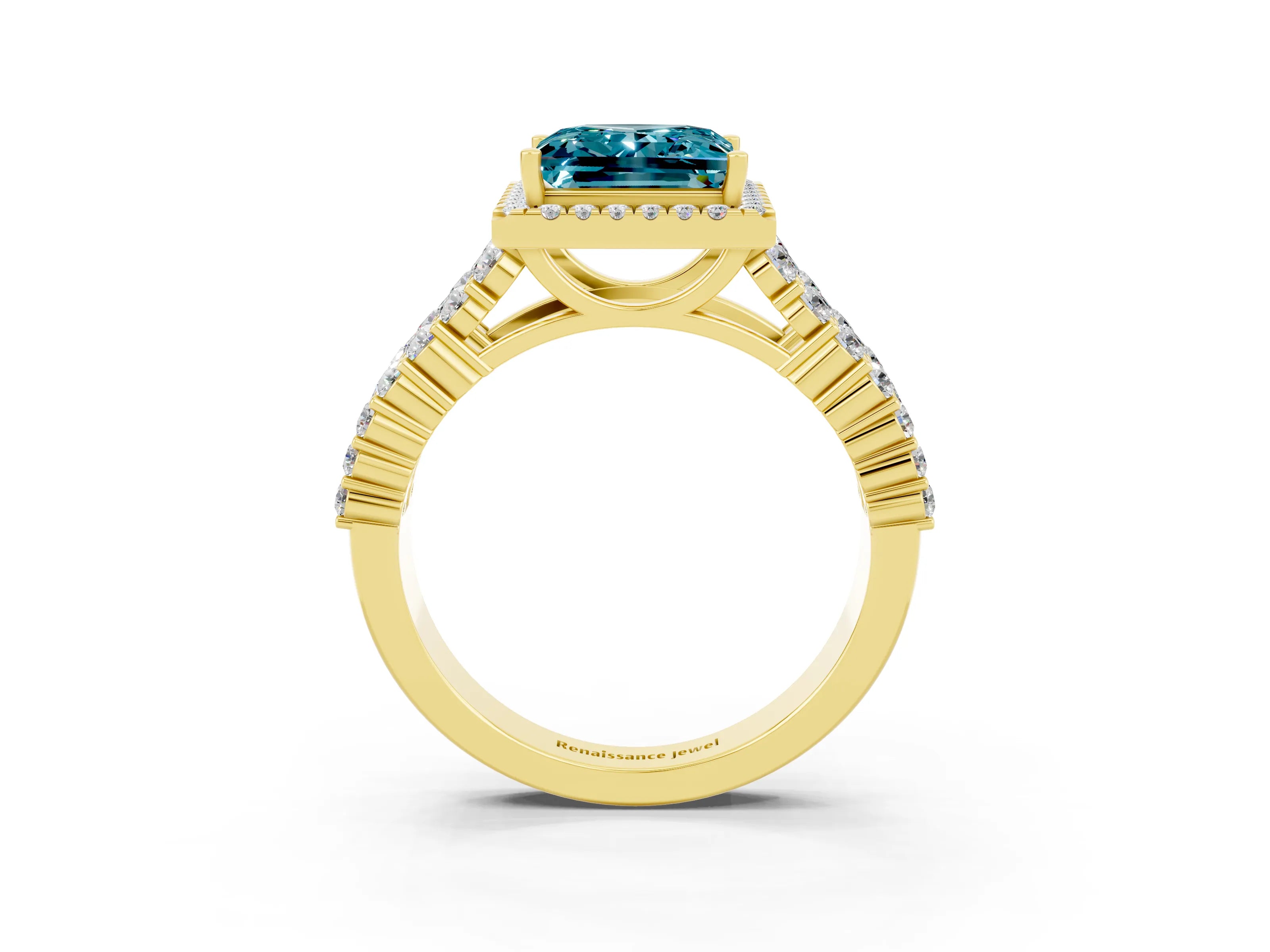 Yellow gold Princess Cut Halo Pavé Diamond Engagement Ring with Split Shank and Four-Prong Setting_3