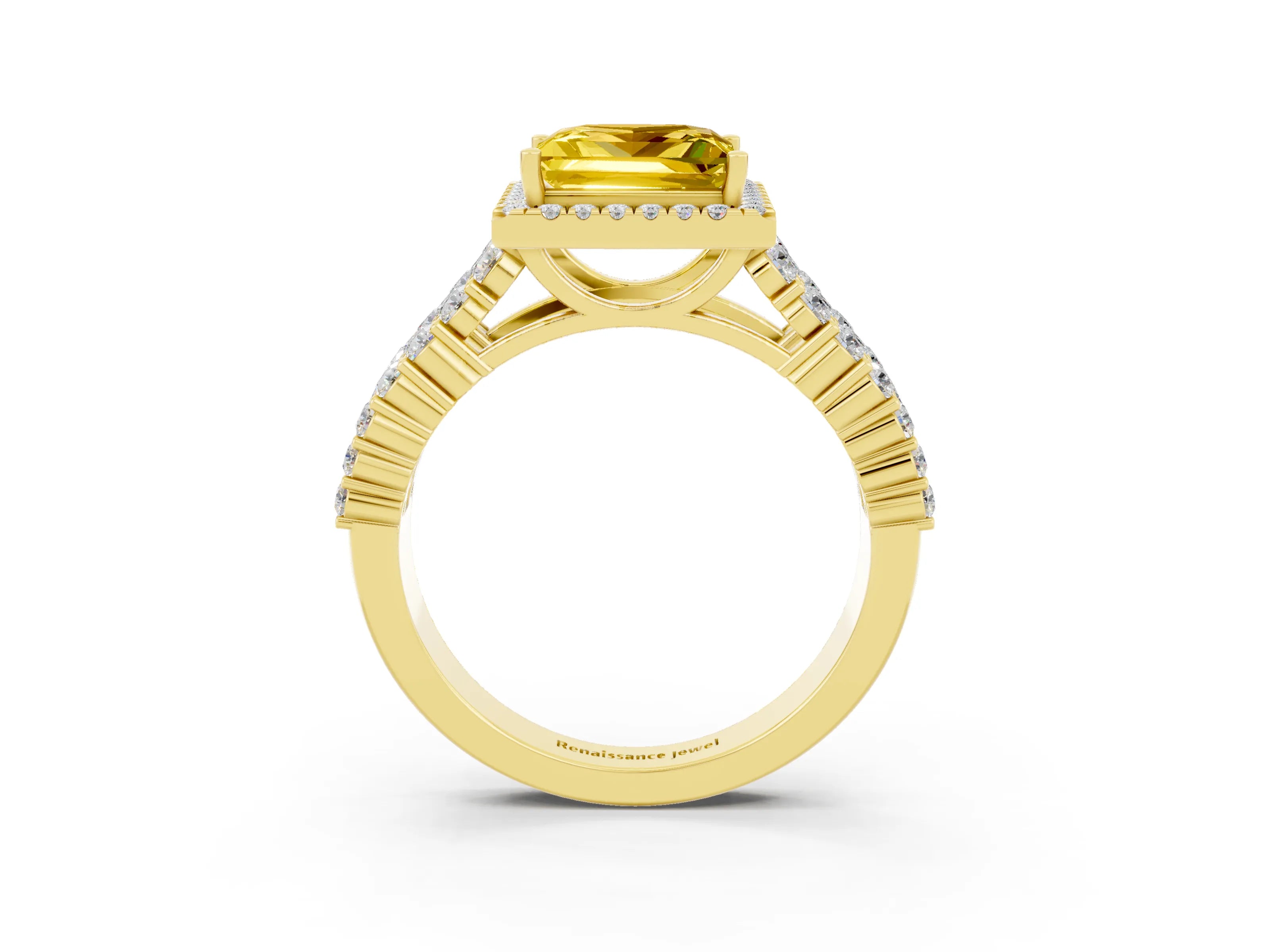 Yellow gold Princess Cut Halo Pavé Diamond Engagement Ring with Split Shank and Four-Prong Setting_3
