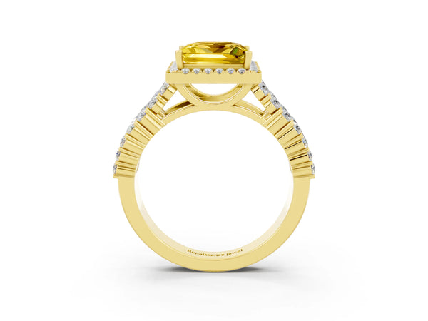 Yellow gold Princess Cut Yellow Sapphire Halo Engagement Ring with Triple Row Round Pavé Band and Prong Setting