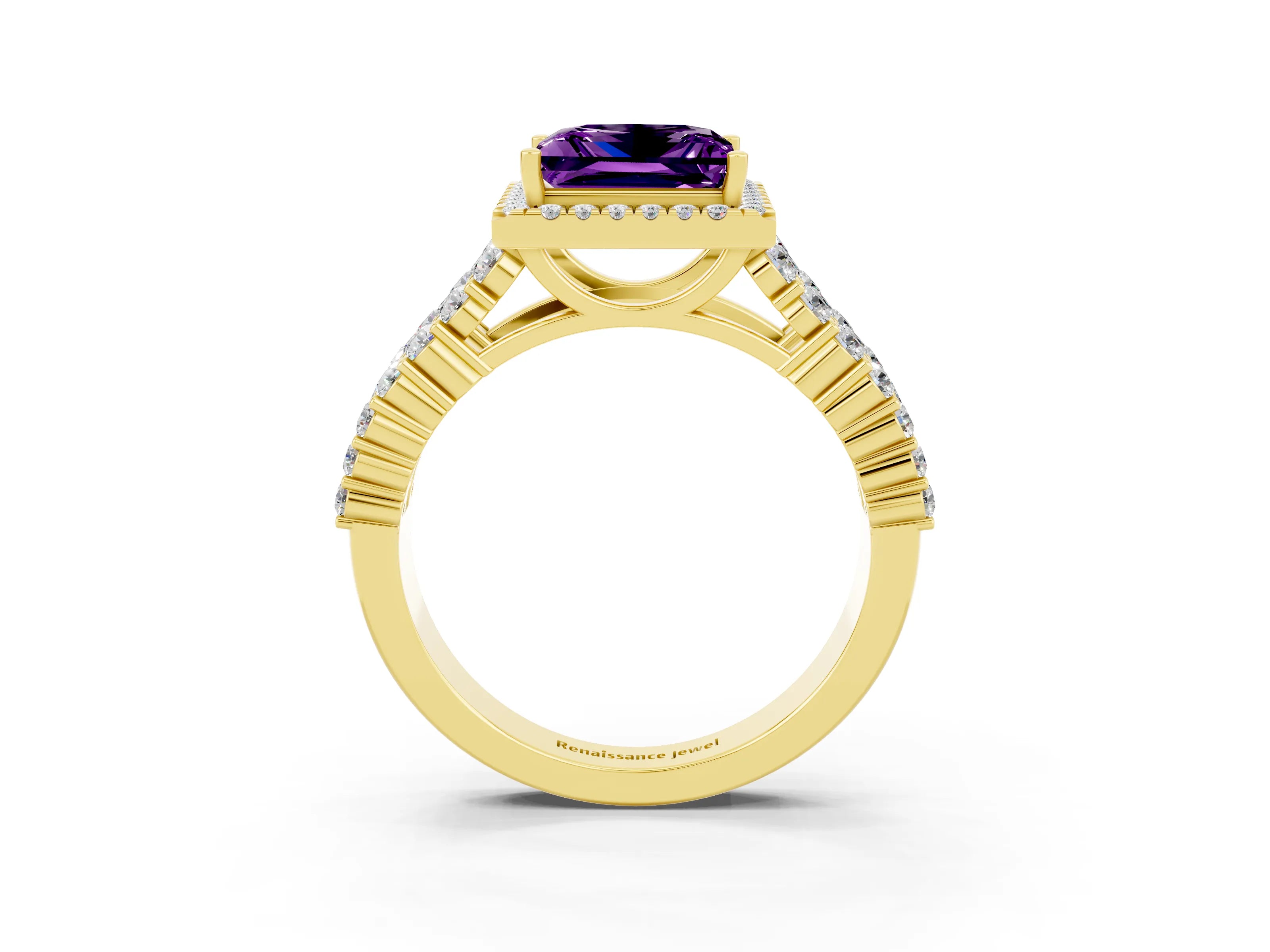 Yellow gold Princess Cut Halo Pavé Diamond Engagement Ring with Split Shank and Four-Prong Setting_3