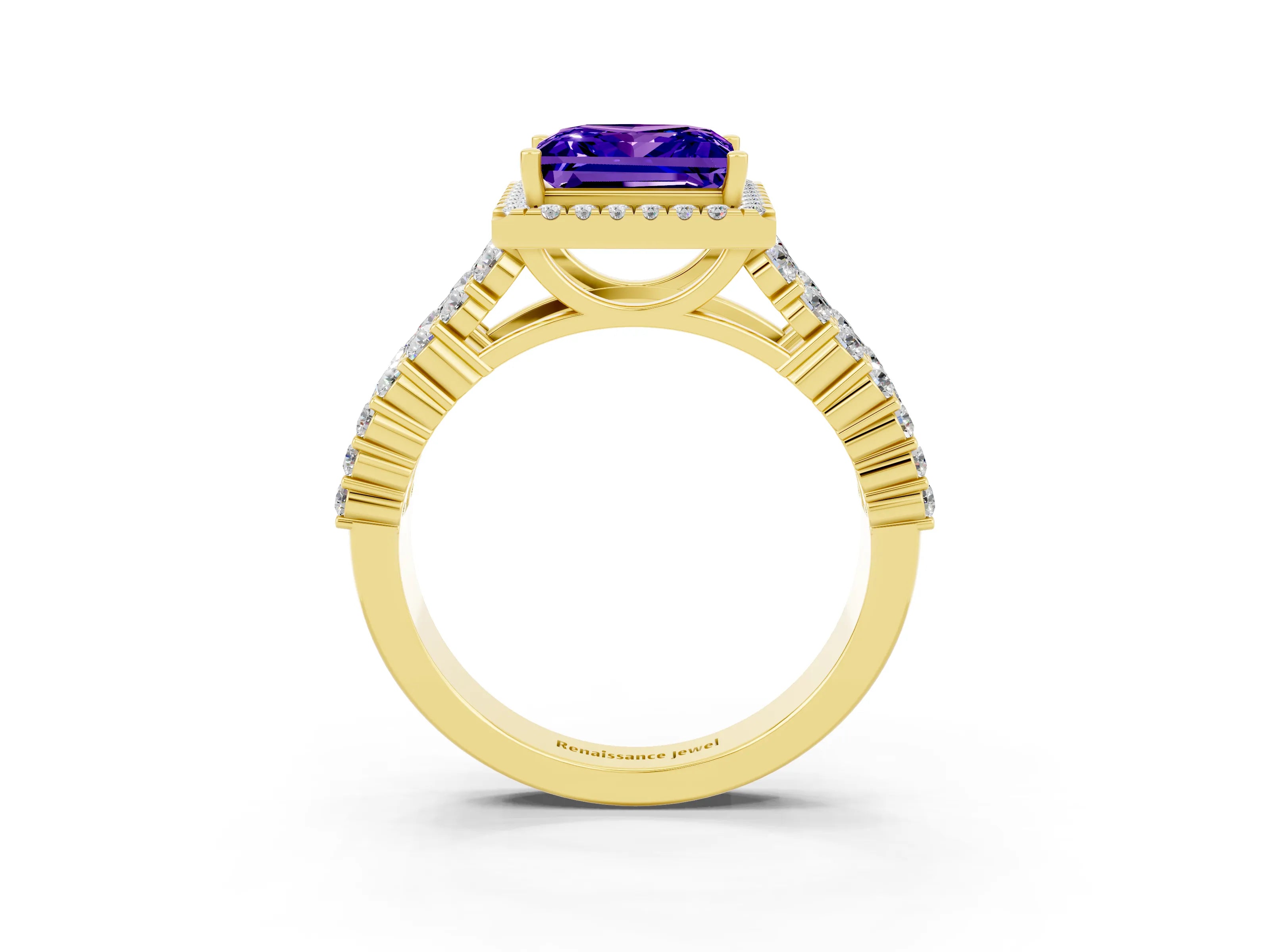 Yellow gold Princess Cut Halo Pavé Diamond Engagement Ring with Split Shank and Four-Prong Setting_3