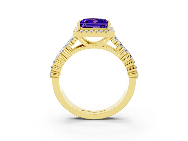Yellow gold Princess Cut Tanzanite Halo Engagement Ring with Triple Row Round Pavé Band and Prong Setting