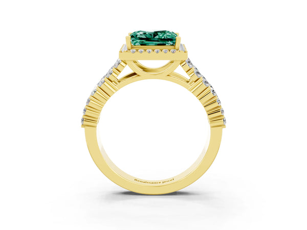 Yellow gold Princess Cut Green Sapphire Halo Engagement Ring with Triple Row Round Pavé Band and Prong Setting