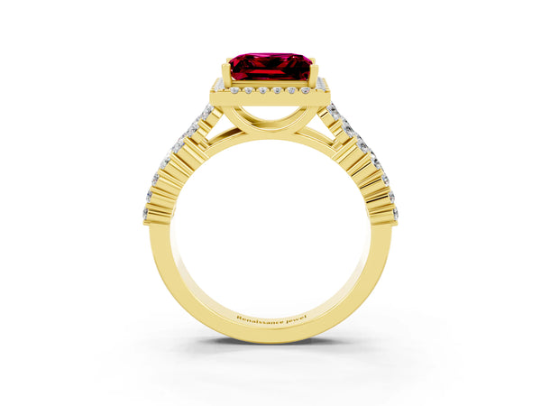 Yellow gold Princess Cut Garnet Halo Engagement Ring with Triple Row Round Pavé Band and Prong Setting