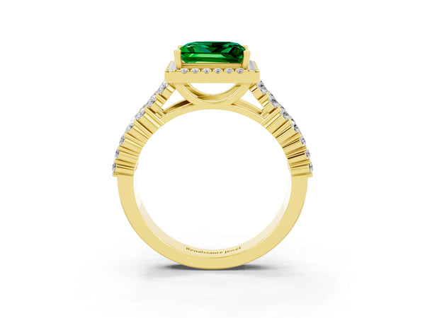 Yellow gold Princess Cut Emerald Halo Engagement Ring with Triple Row Round Pavé Band and Prong Setting