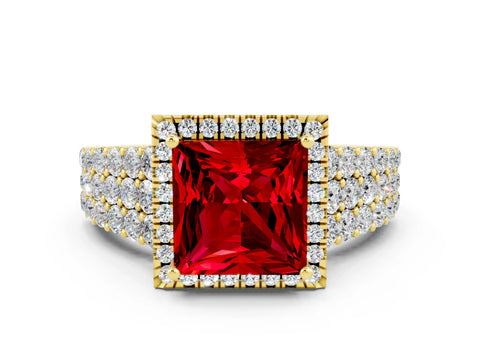 Yellow gold Princess Cut Halo Pavé Diamond Engagement Ring with Split Shank and Four-Prong Setting