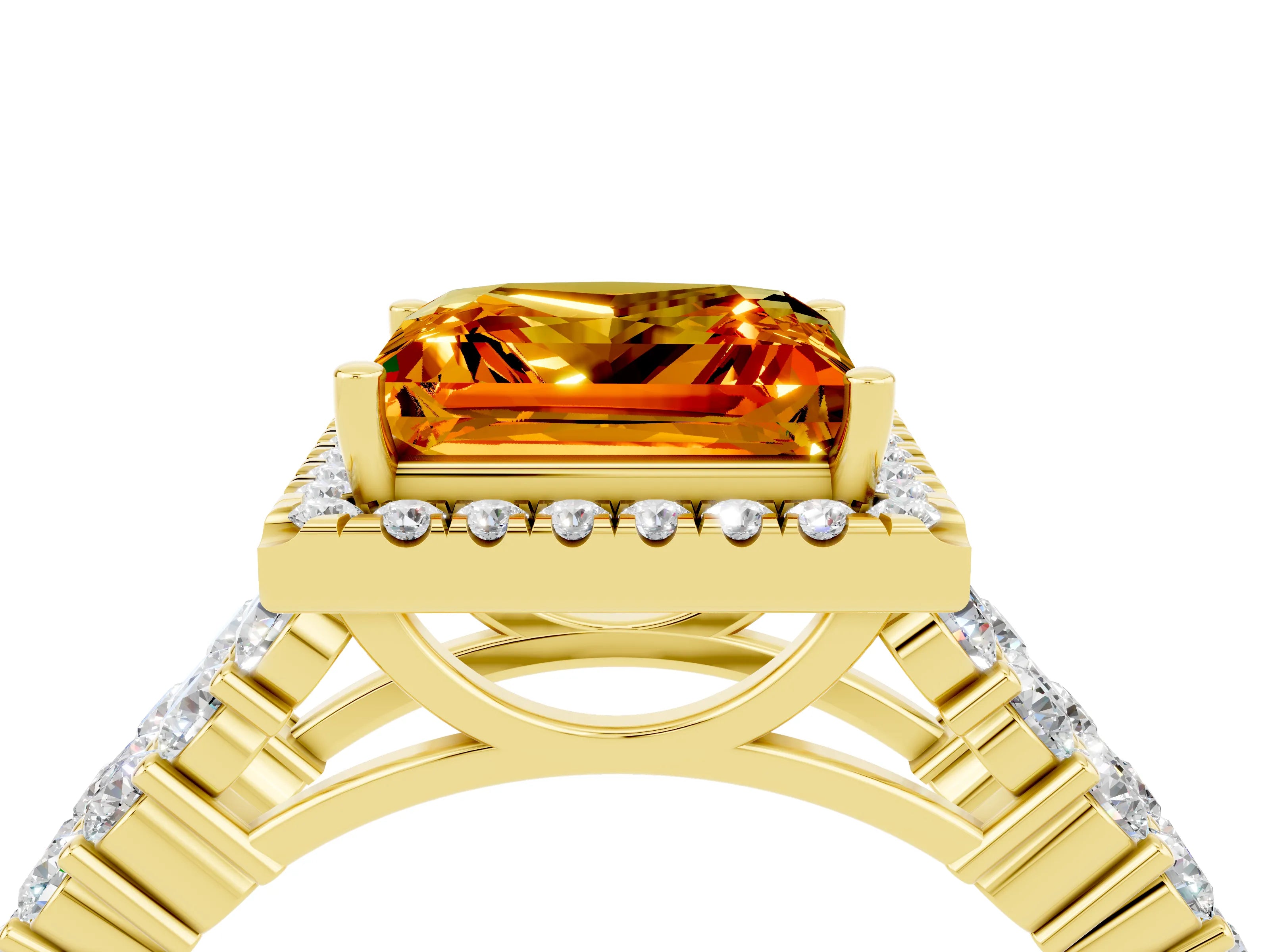 Yellow gold Princess Cut Halo Pavé Diamond Engagement Ring with Split Shank and Four-Prong Setting_4