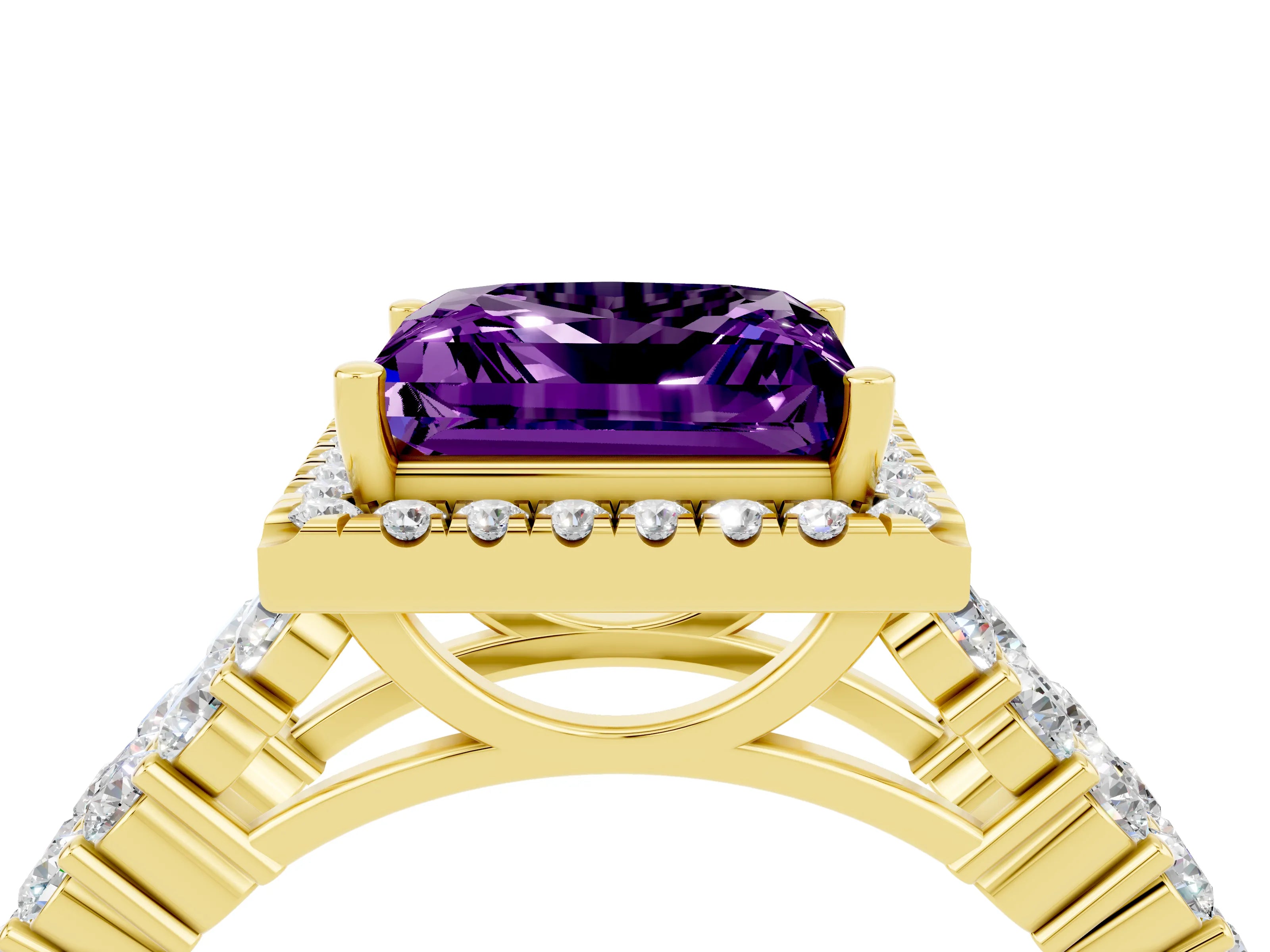 Yellow gold Princess Cut Halo Pavé Diamond Engagement Ring with Split Shank and Four-Prong Setting_4