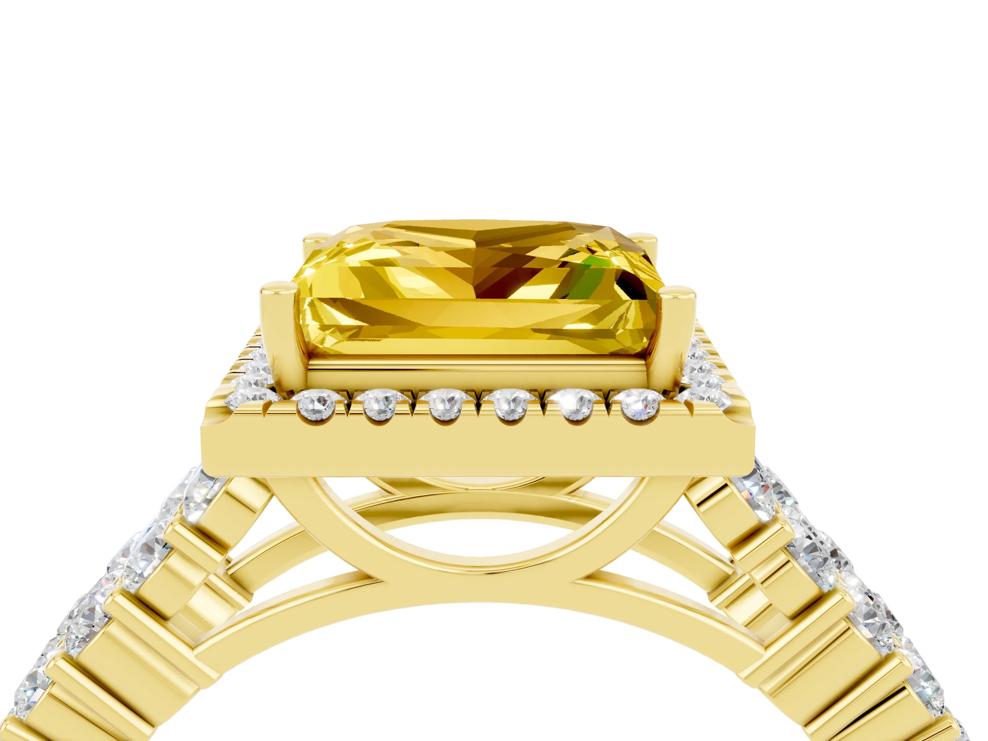 Yellow gold Princess Cut Halo Pavé Diamond Engagement Ring with Split Shank and Four-Prong Setting_4