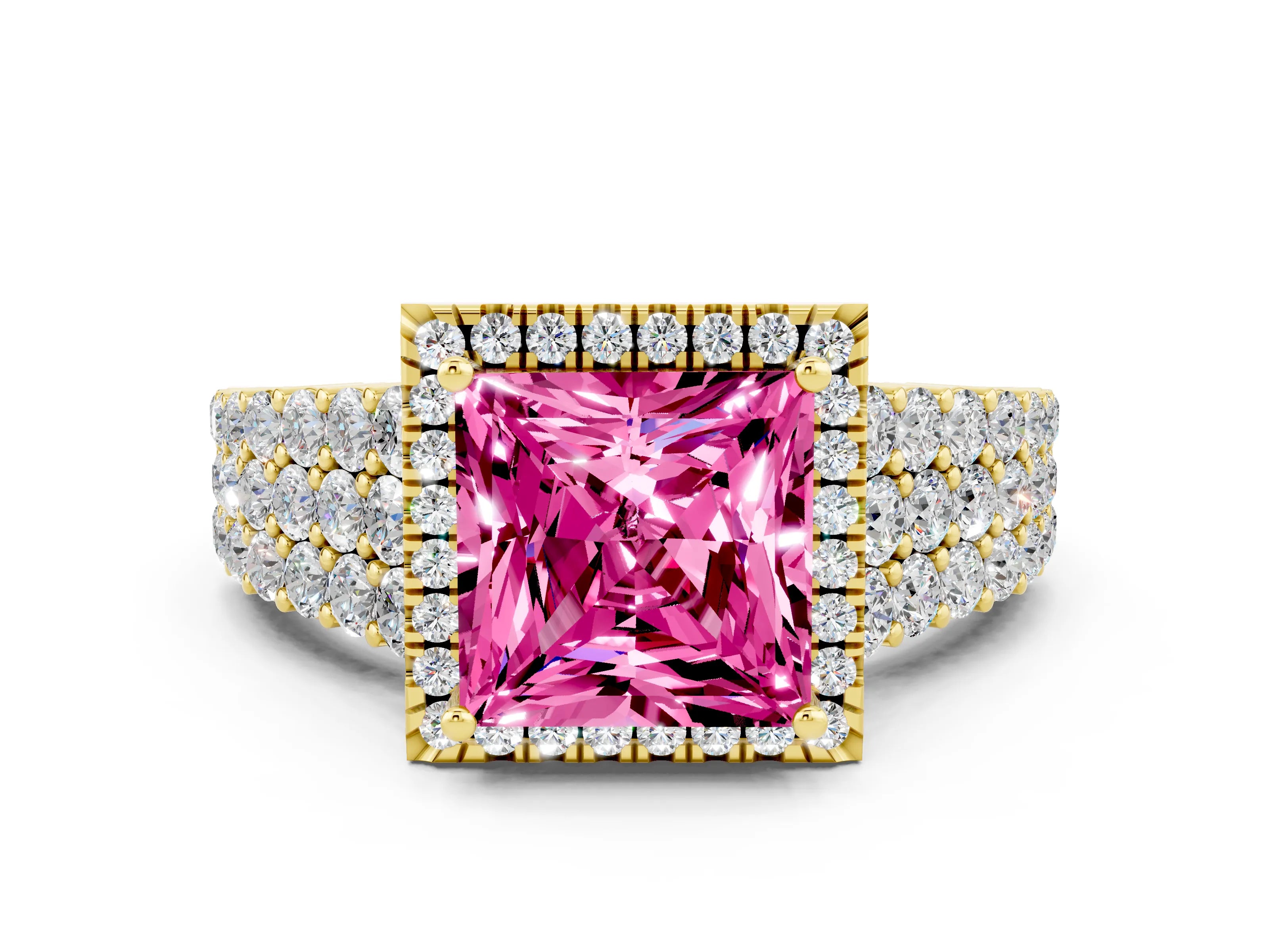 Yellow gold Princess Cut Halo Pavé Diamond Engagement Ring with Split Shank and Four-Prong Setting