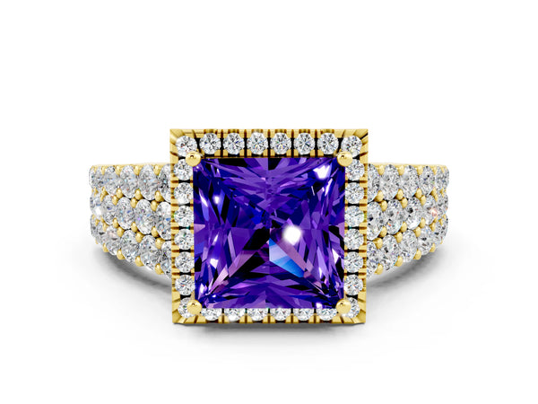 Yellow gold Princess Cut Tanzanite Halo Engagement Ring with Triple Row Round Pavé Band and Prong Setting