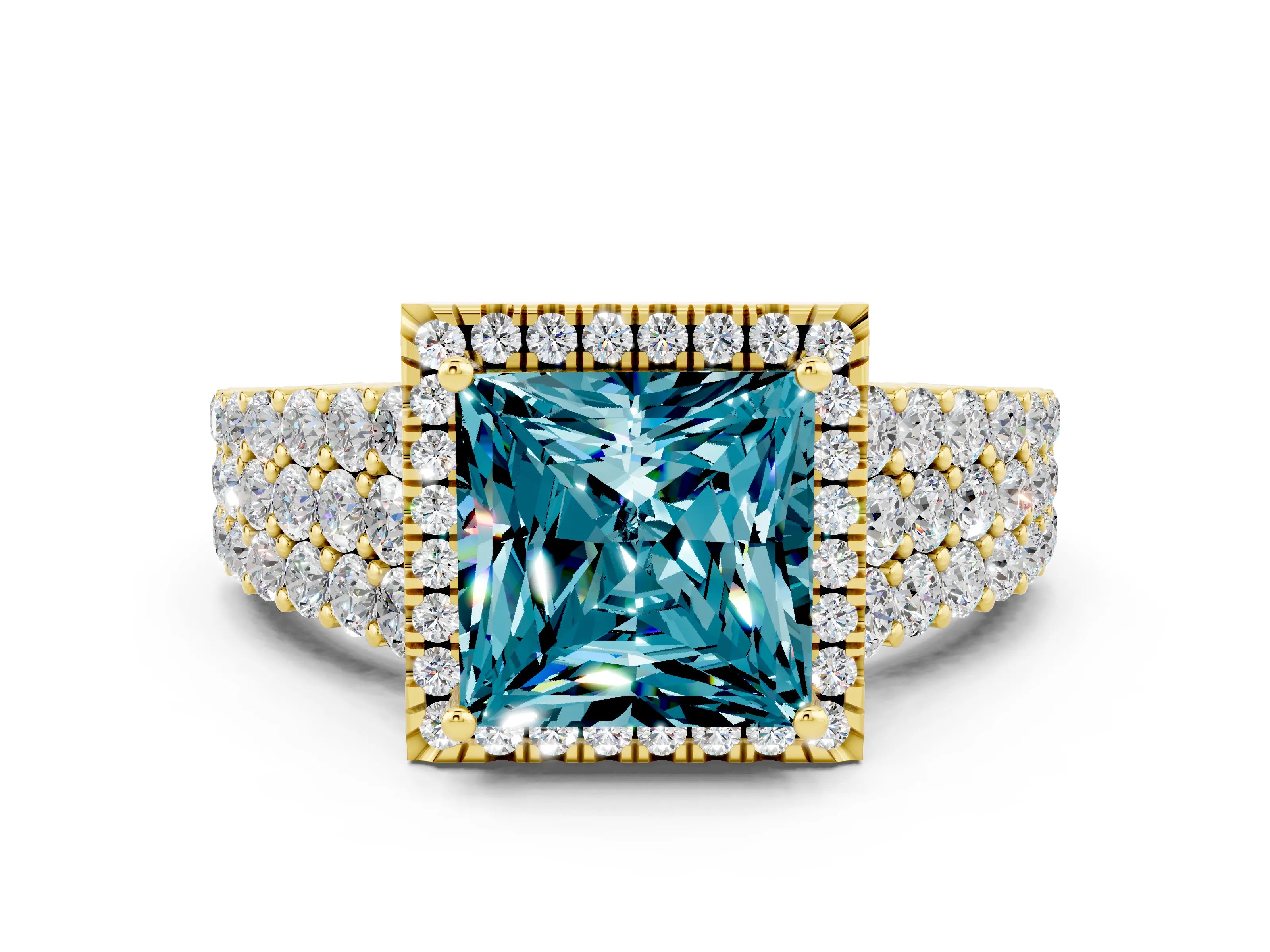 Yellow gold Princess Cut Halo Pavé Diamond Engagement Ring with Split Shank and Four-Prong Setting